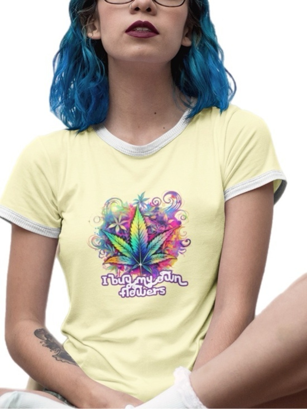 The Blind Medium | Yellow Ringer Crop Top ‘I Buy My Own Flowes’ Purple Graphic